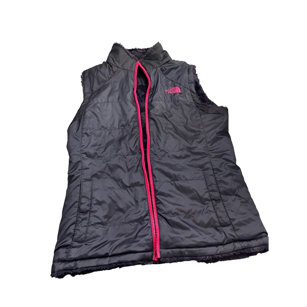 The North Face Mossbud Swirl Reversible Vest Gray Pink Fleece Puffer Womens